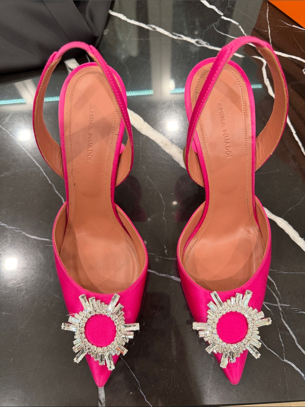 Amina Muaddi Hot Pink Crystal Sunburst Slingback Pumps